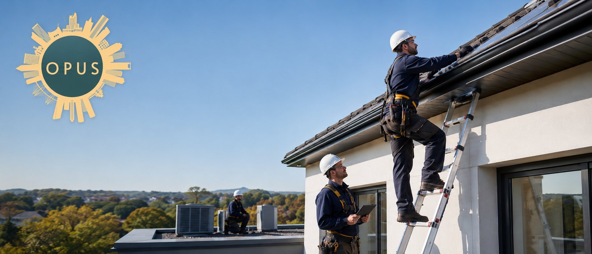 Two workers install solar panels on a residential rooftop with countryside hills visible in the background