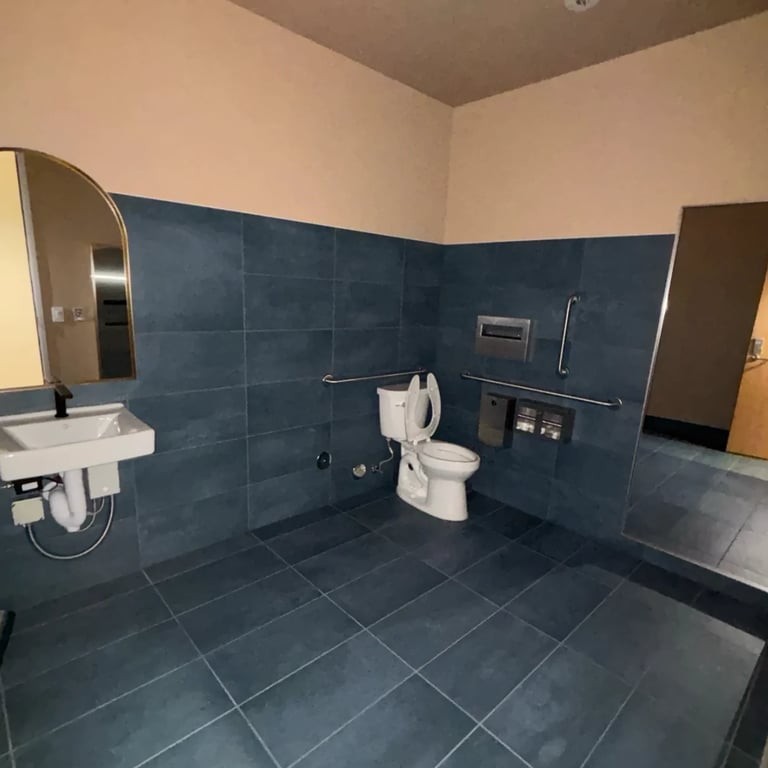 Modern bathroom with dark blue tile walls and floor, white wall-mounted sink, toilet, and accessible design features