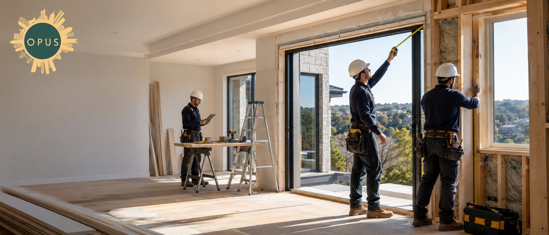 Workers installing large wooden doors and windows in a bright, modern room under construction with city views in background